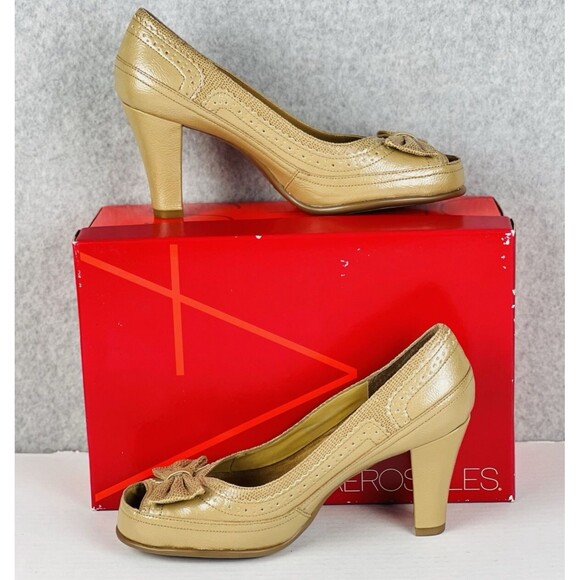 Aerosoles Bentwood Shoes Womens 8.5M Tan Lizard Bowtie Open Toe Heels Workwear - Picture 7 of 12